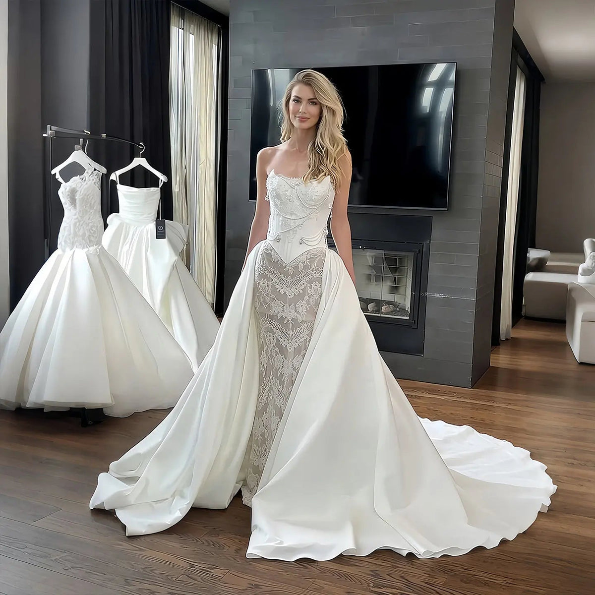 Elegant Ivory Strapless Beaded Corset Lace Mermaid Wedding Dress with Overskirt ZP101