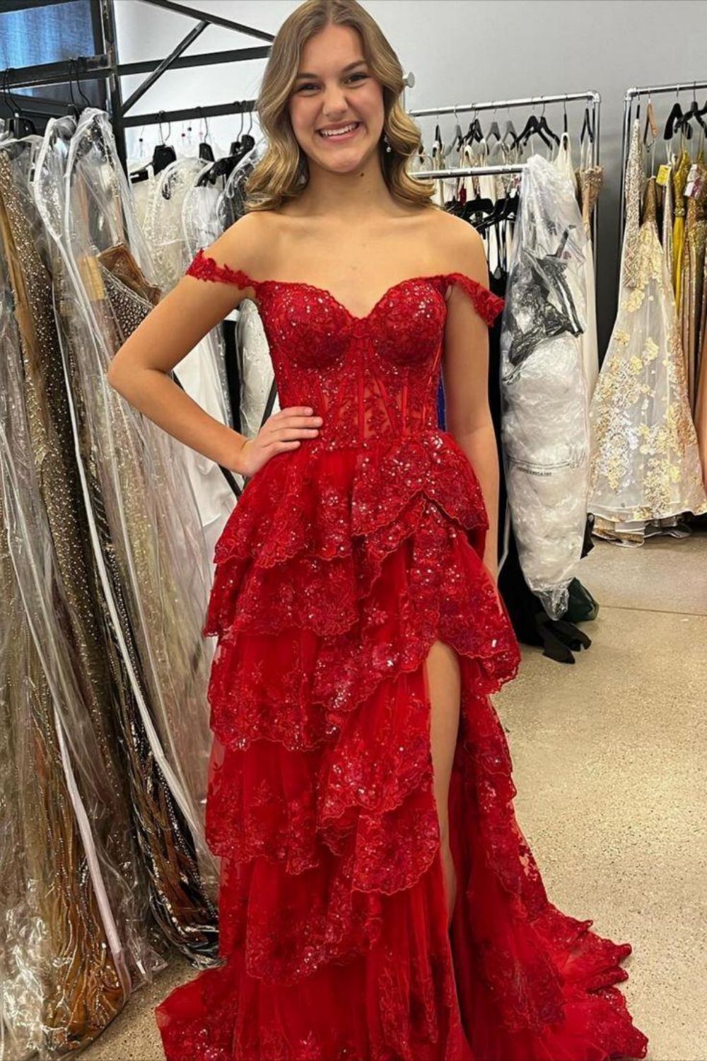 Princess A Line Sweetheart Silver Corset Prom Dress with Lace Ruffles - View 11 | VelvetHem