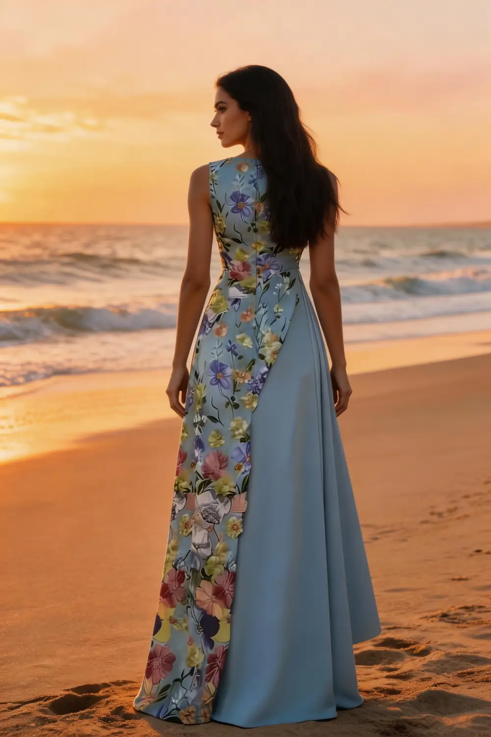 Sky Blue Floral Print Asymmetrical Maxi Dress For Summer Events (ZD17078)