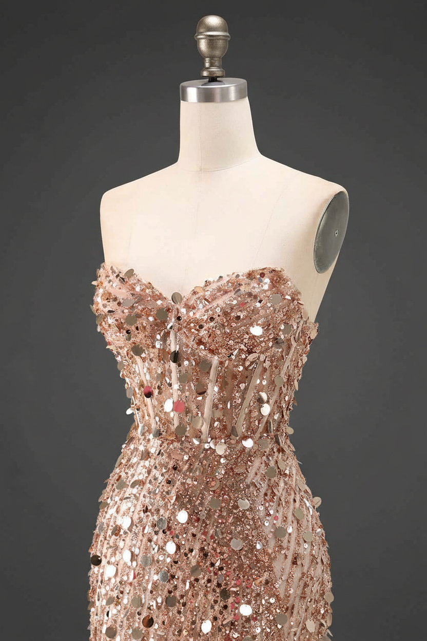 Sparkly Gold Fully Beaded Prom Dress with Deep V Neck Slit and Open Back (ZD17393)