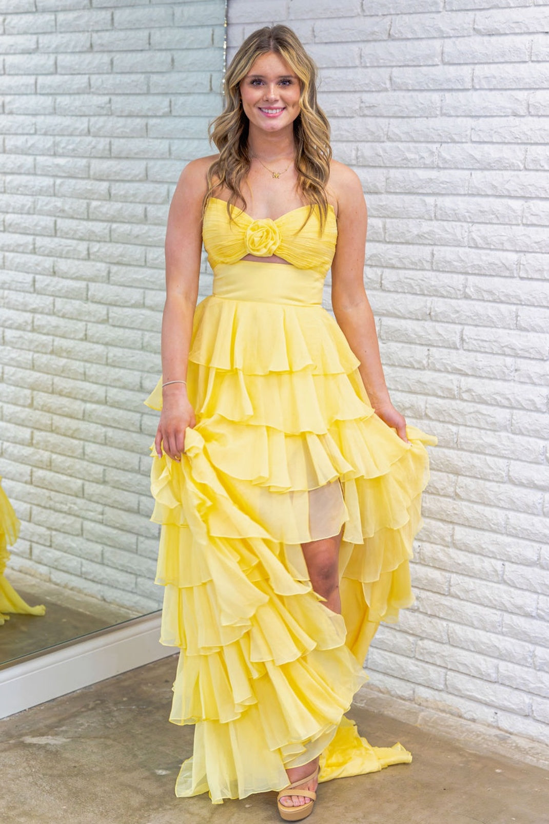 Sweety A-Line Sweetheart Pink Printed Long Tiered Prom Dress with Slit - View 15 | VelvetHem