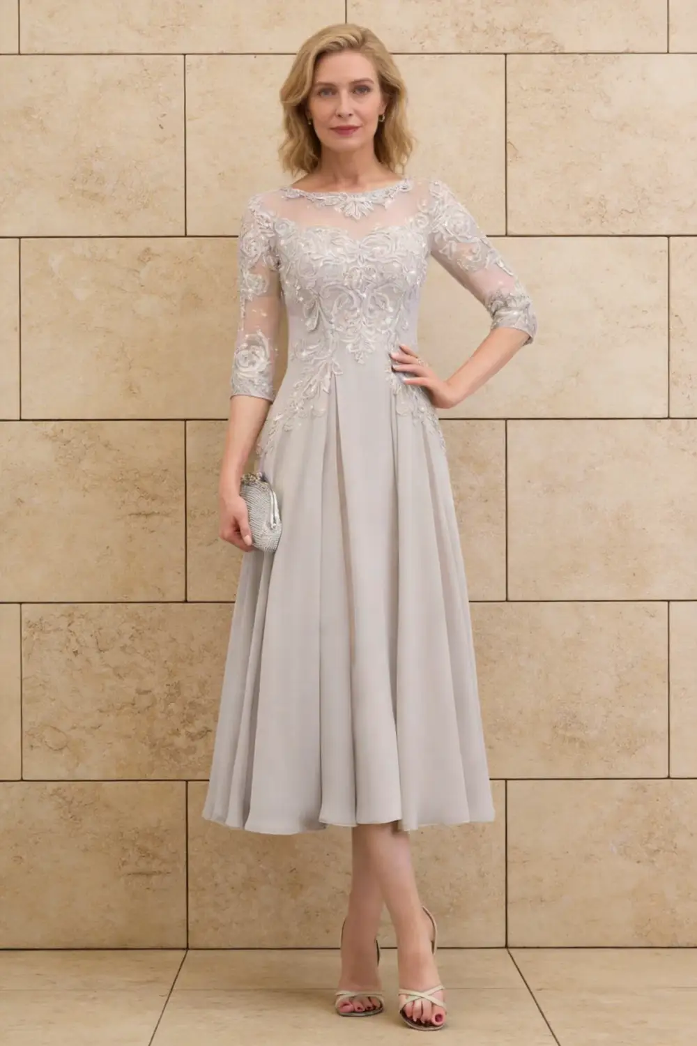 Elegant Silver Gray Lace Chiffon Tea-Length Mother of the Bride Dress with 3/4 Sleeves by tangjianjun