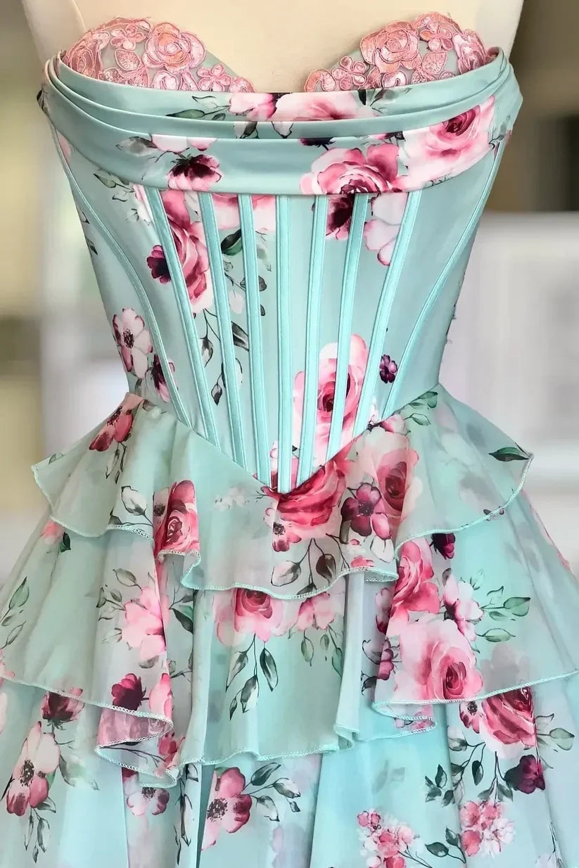 Pretty A Line Sweetheart Mint Green Corset Prom Dress with Appliques Ruffles - View 3 | VelvetHem