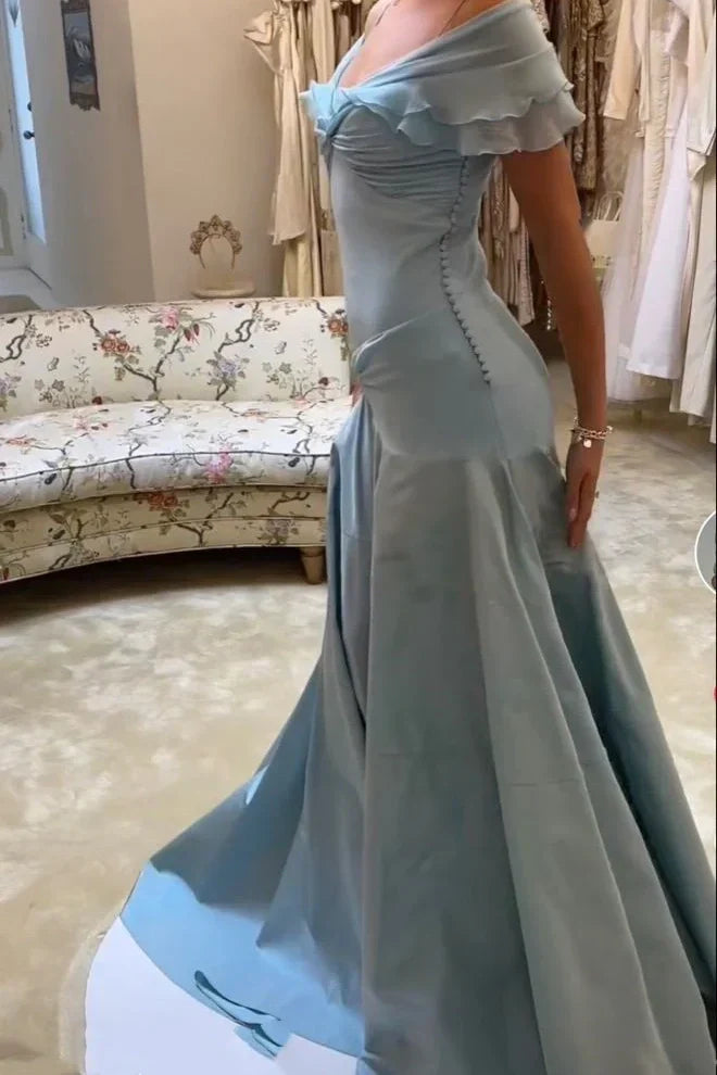 Retro Style A Line Off the Shoulder Grey Blue Long Party Dress with Ruffles