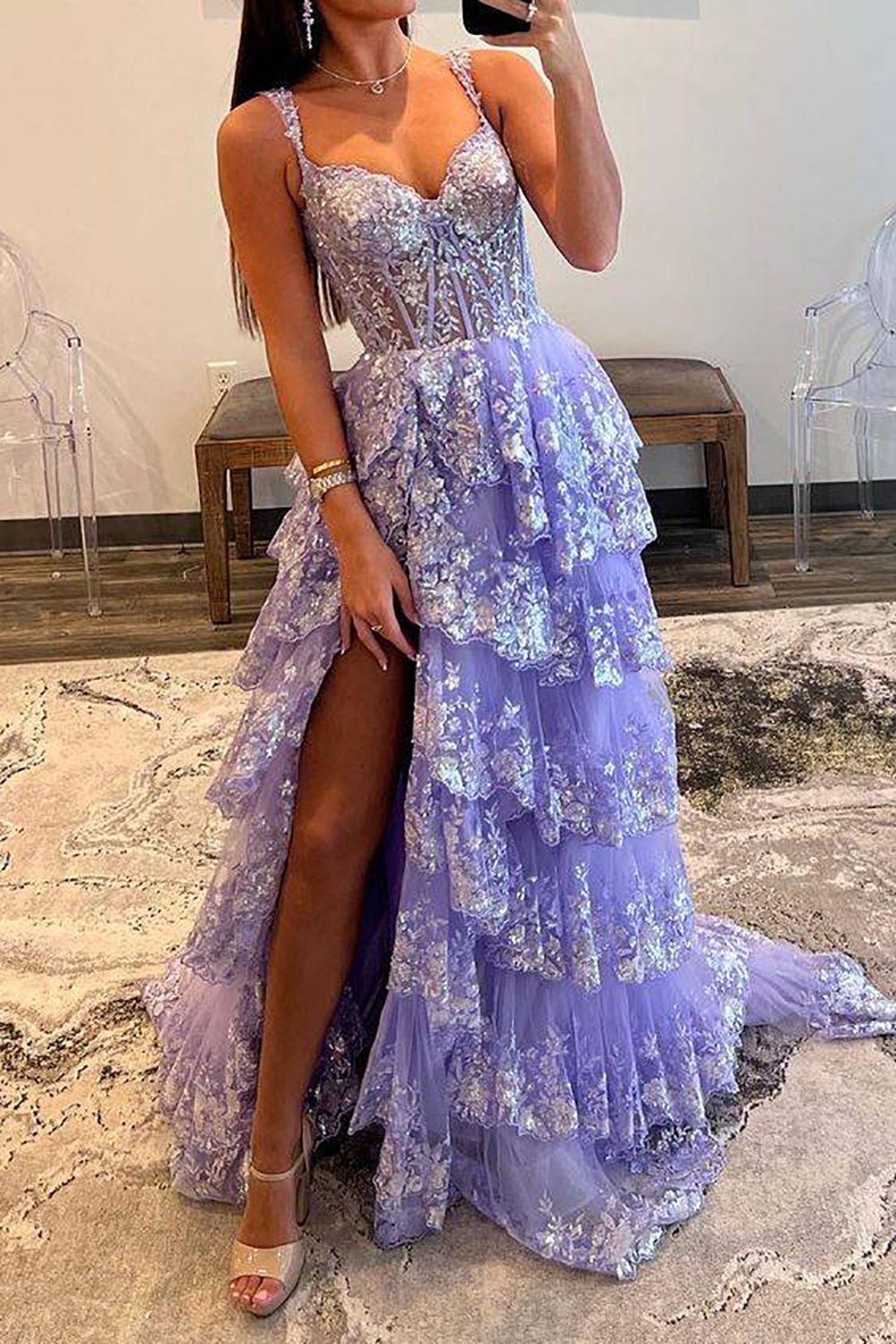 Gorgeous A Line Sweetheart Light Purple Corset Prom Dress with Ruffles - View 5 | VelvetHem