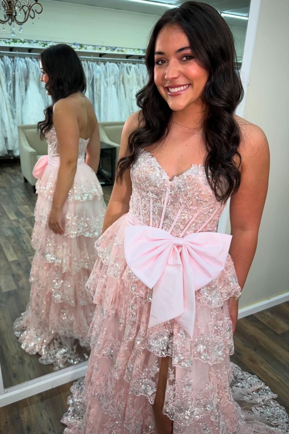 Sparkly Pink A-Line Sweetheart Long Tiered Sequin Prom Dress with Slit - View 4 | VelvetHem