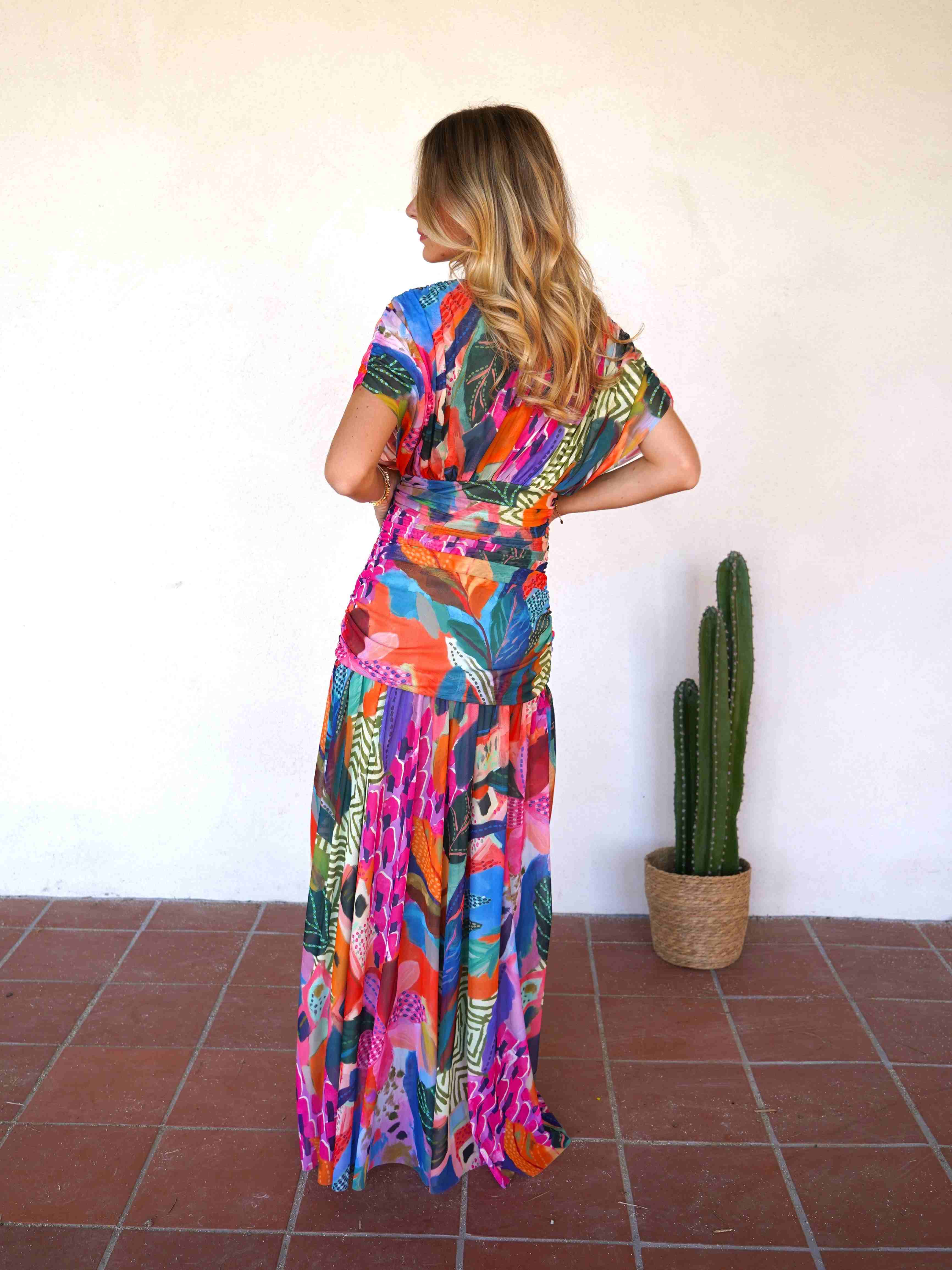Abstract Multicolor Print Mesh Maxi Dress