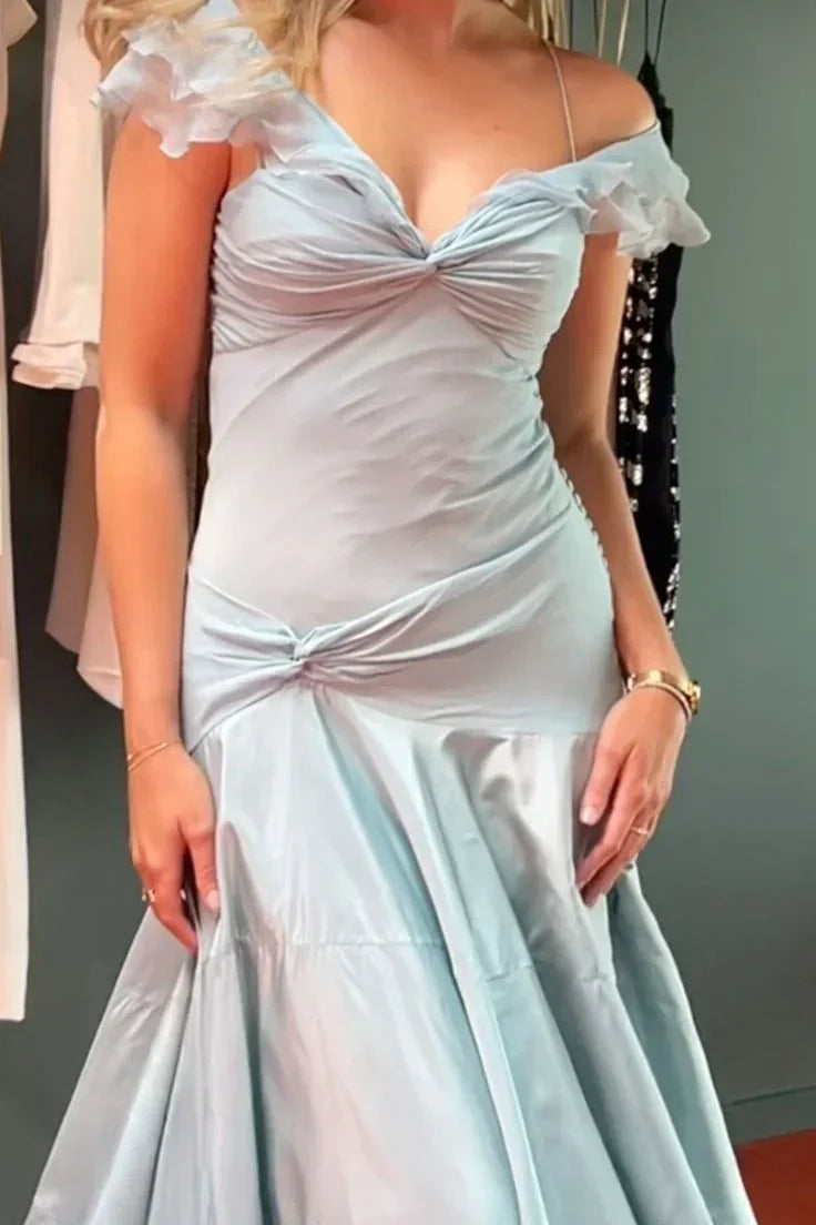 Retro Style A Line Off the Shoulder Grey Blue Long Party Dress with Ruffles
