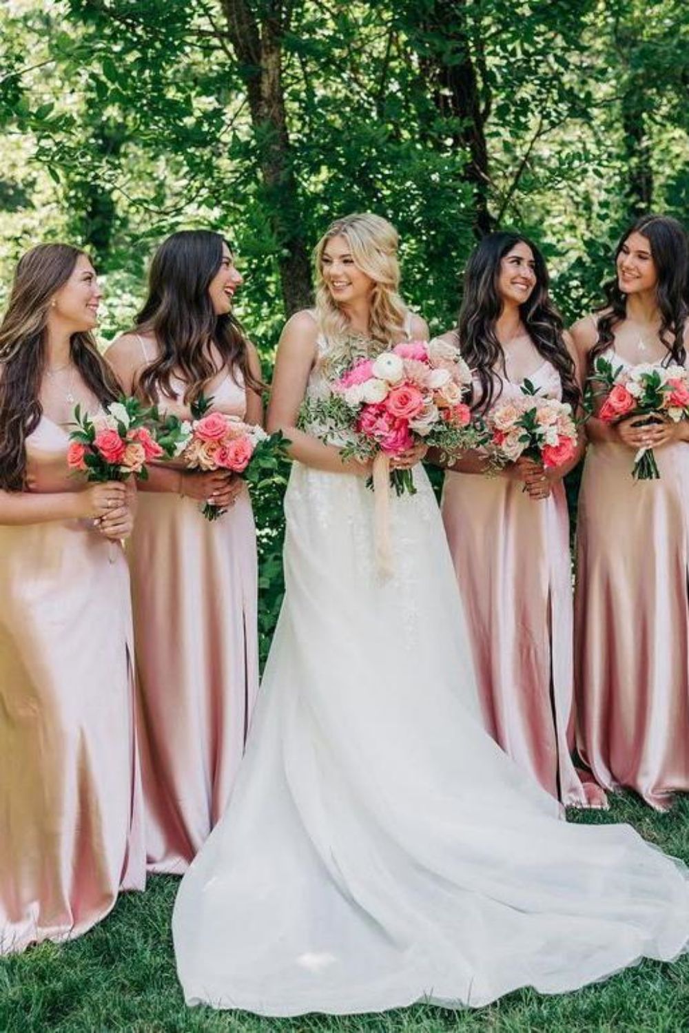 Beautiful A Line Spaghetti Straps Blush Long Bridesmaid Dress with Split Front - VelvetHem