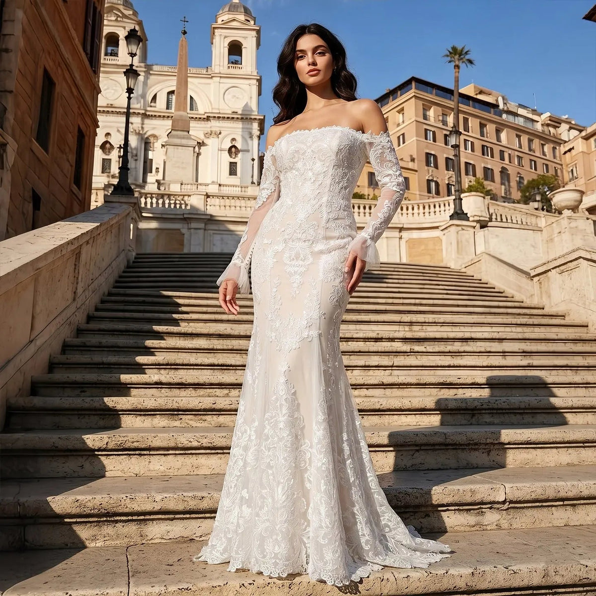 Off White  Lace Stunning Feminine Mermaid Wedding Dress Train  ZP036