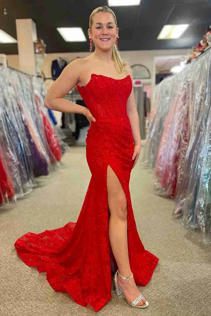 Gorgeous Mermaid Strapless Sweep Train Lace Prom Dress With Slit