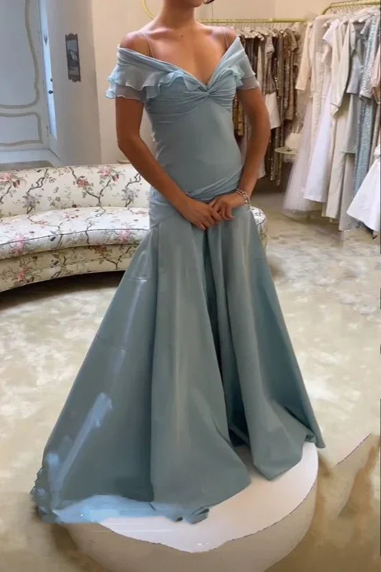 Retro Style A Line Off the Shoulder Grey Blue Long Party Dress with Ruffles