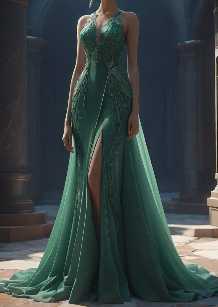 Sexy V Neck green Satin Chiffon Appliques Evening Dress,Mermaid Slit Party Prom Dress - VelvetHem