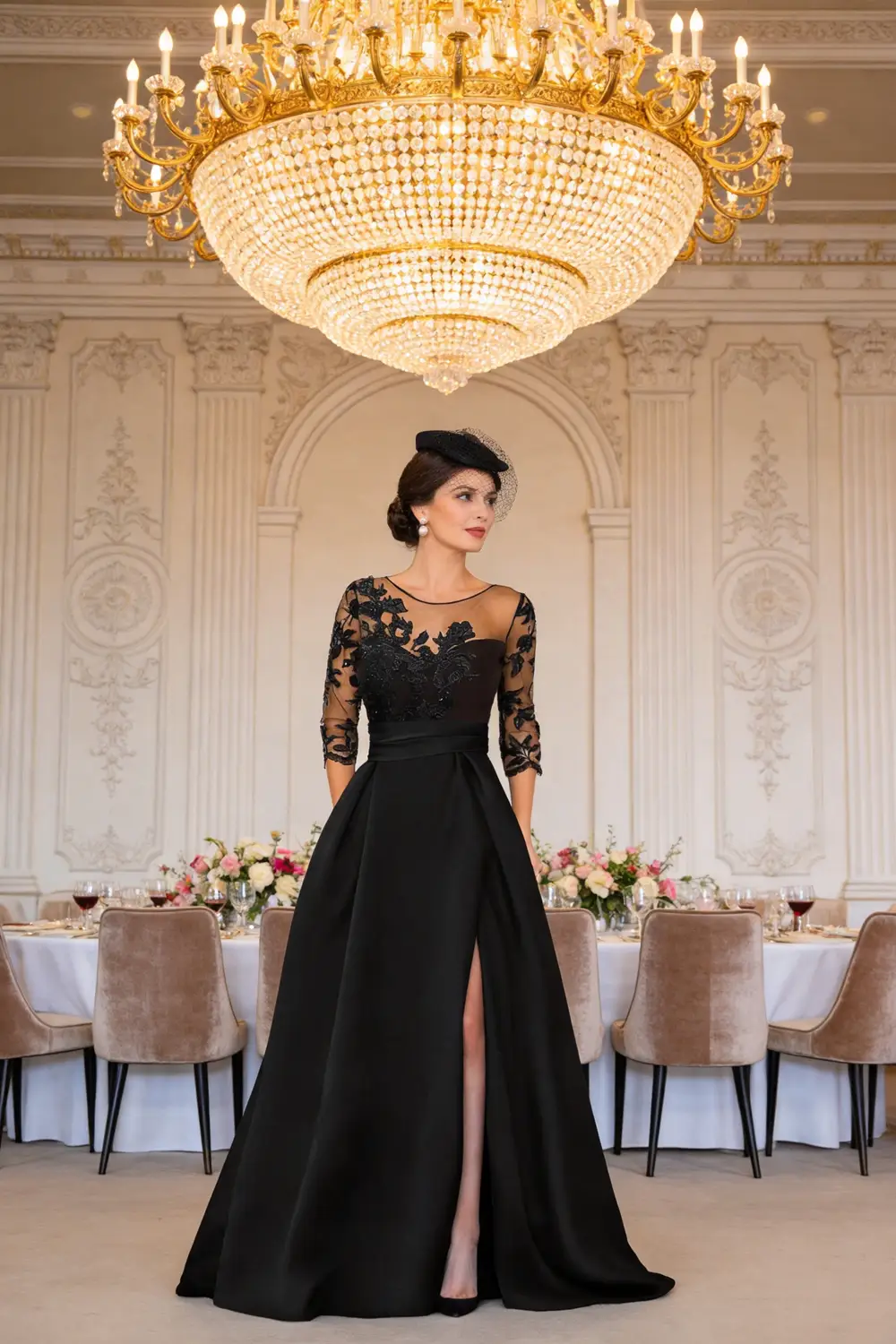 Black Lace Illusion Neck Satin Gown With High Slit For Mother Of The Bride (ZD17144)