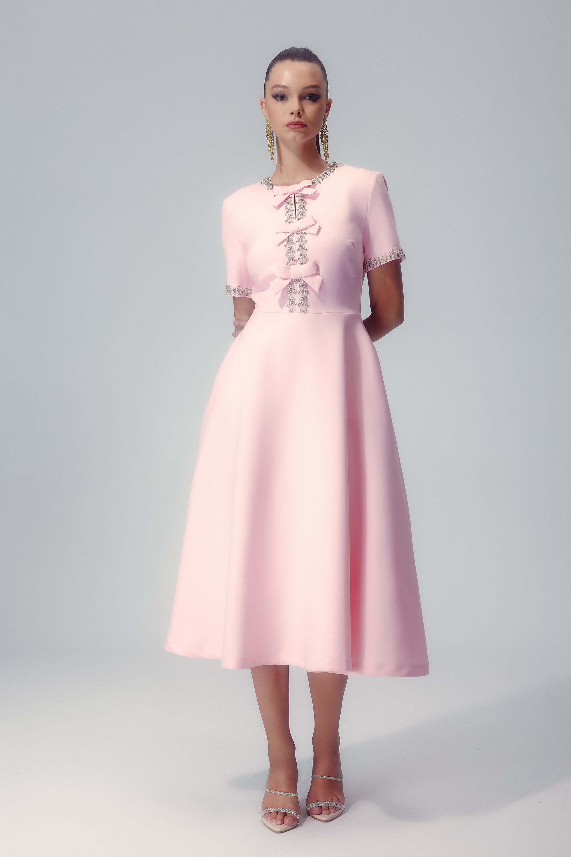 Mercedes Minimalist Midi Dress with Bow and Crystal Embellishment Chic Silhouette Collection