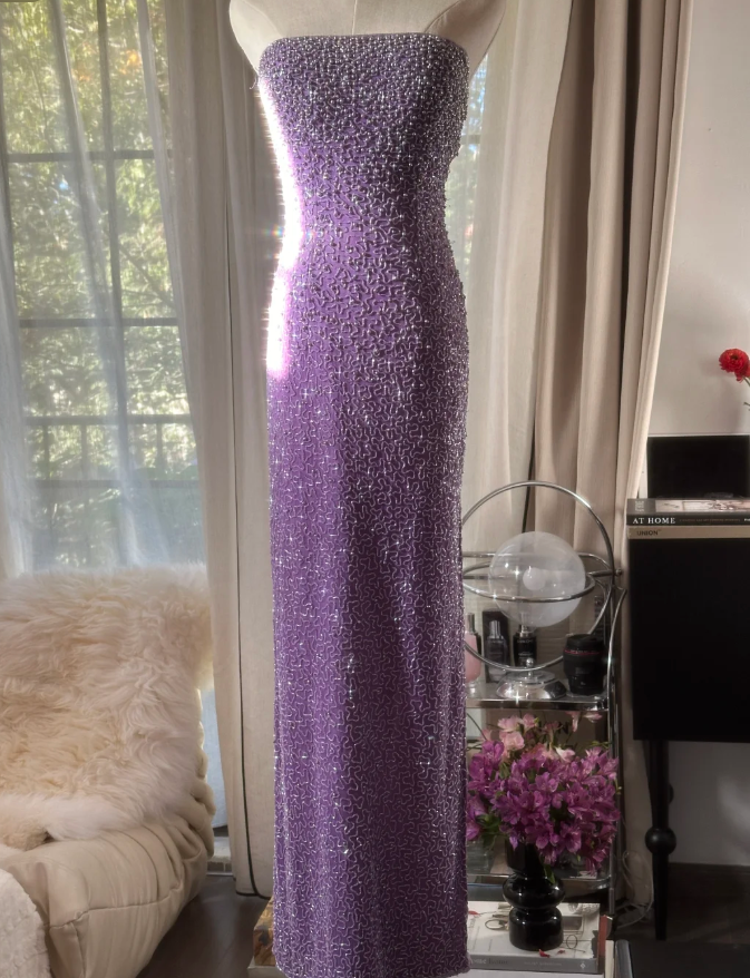 Glamorous Strapless Purple Chiffon Beaded Sheath Slit Prom Dress Long Party Gown