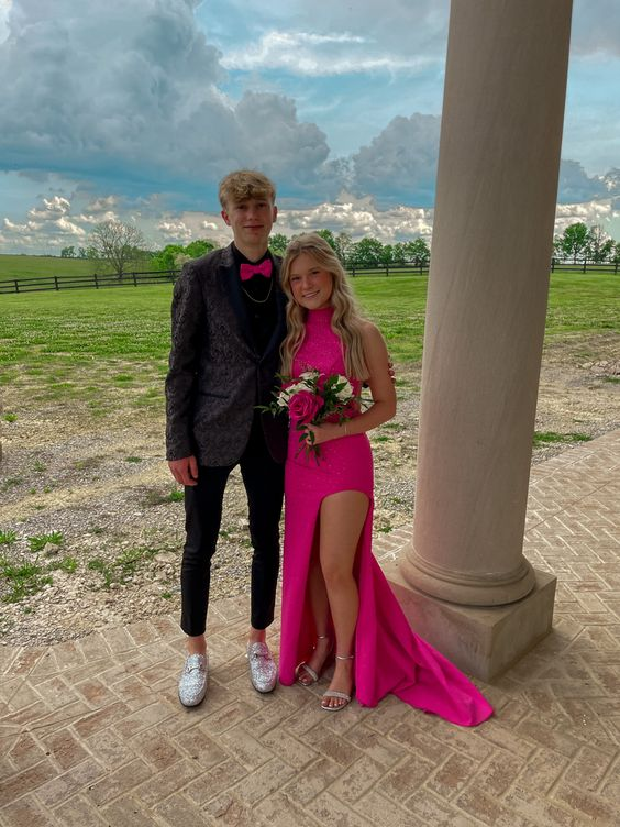 Beaded Slit Sheath Prom Dress Hot Pink Long Evening Dress - View 2 | VelvetHem