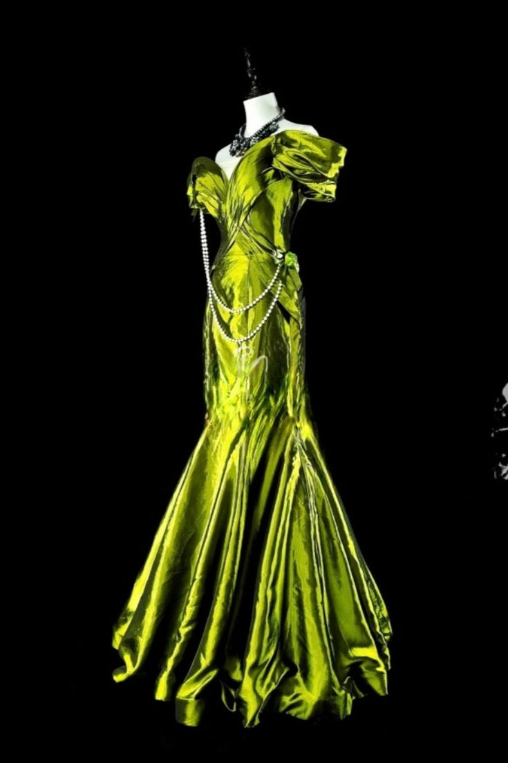 Unique Green Off The Shoulder Satin Pleated Mermaid Evening Dress Long Birthday Party Dress - View 2 | VelvetHem