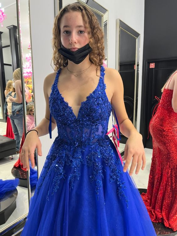 Blue A-line Tulle Appliques Prom Dress Blue Evening Dress Y6450 - VelvetHem