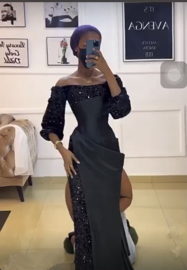 Unique Black Satin Sequins Long Prom Dress Sexy Party Evening Gown - View 2 | VelvetHem
