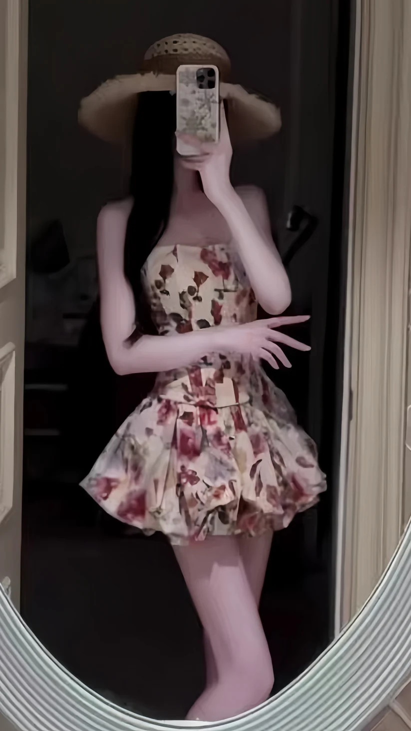 Pretty Strapless Satin Print Floral A Line Short 21st Birthday Outfits Homecoming Dress - View 5 | VelvetHem