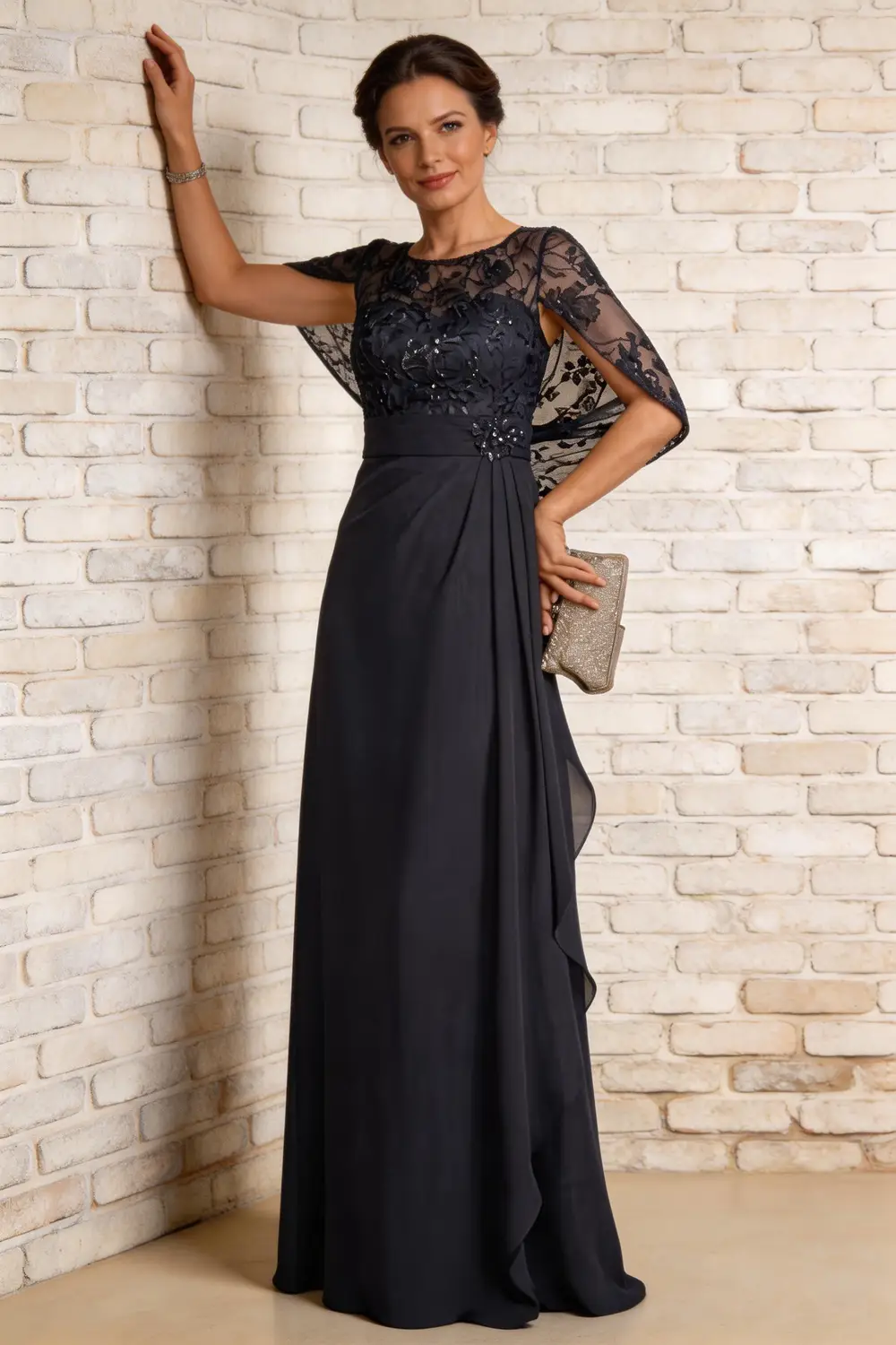 Dark Navy Lace Cape Sleeve Chiffon A Line Mother Of The Bride Formal Gown (ZD17162)
