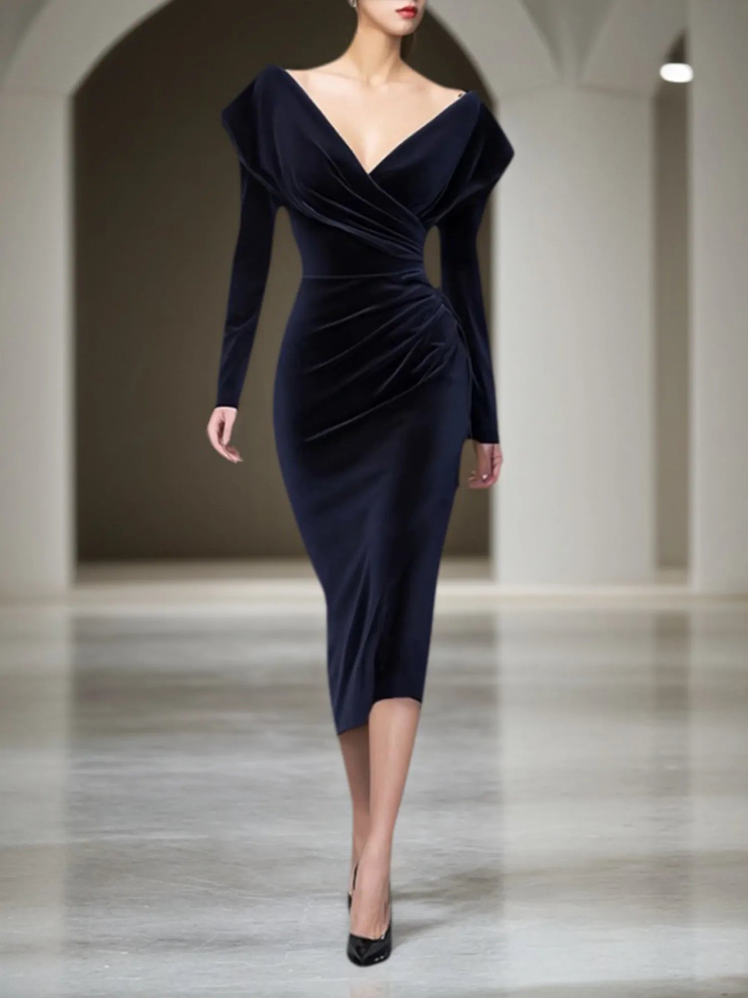 Cocktail Party Dress Navy V Neck Midi Velvet Mother of the Bride Dress