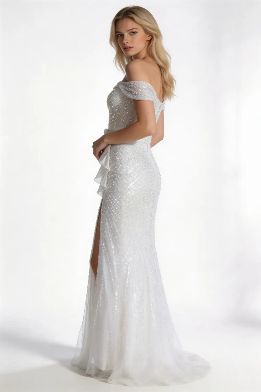 Off The Shoulder Sequin Mermaid Evening Gown With High Slit And Ruffle Detail (ZD17166)