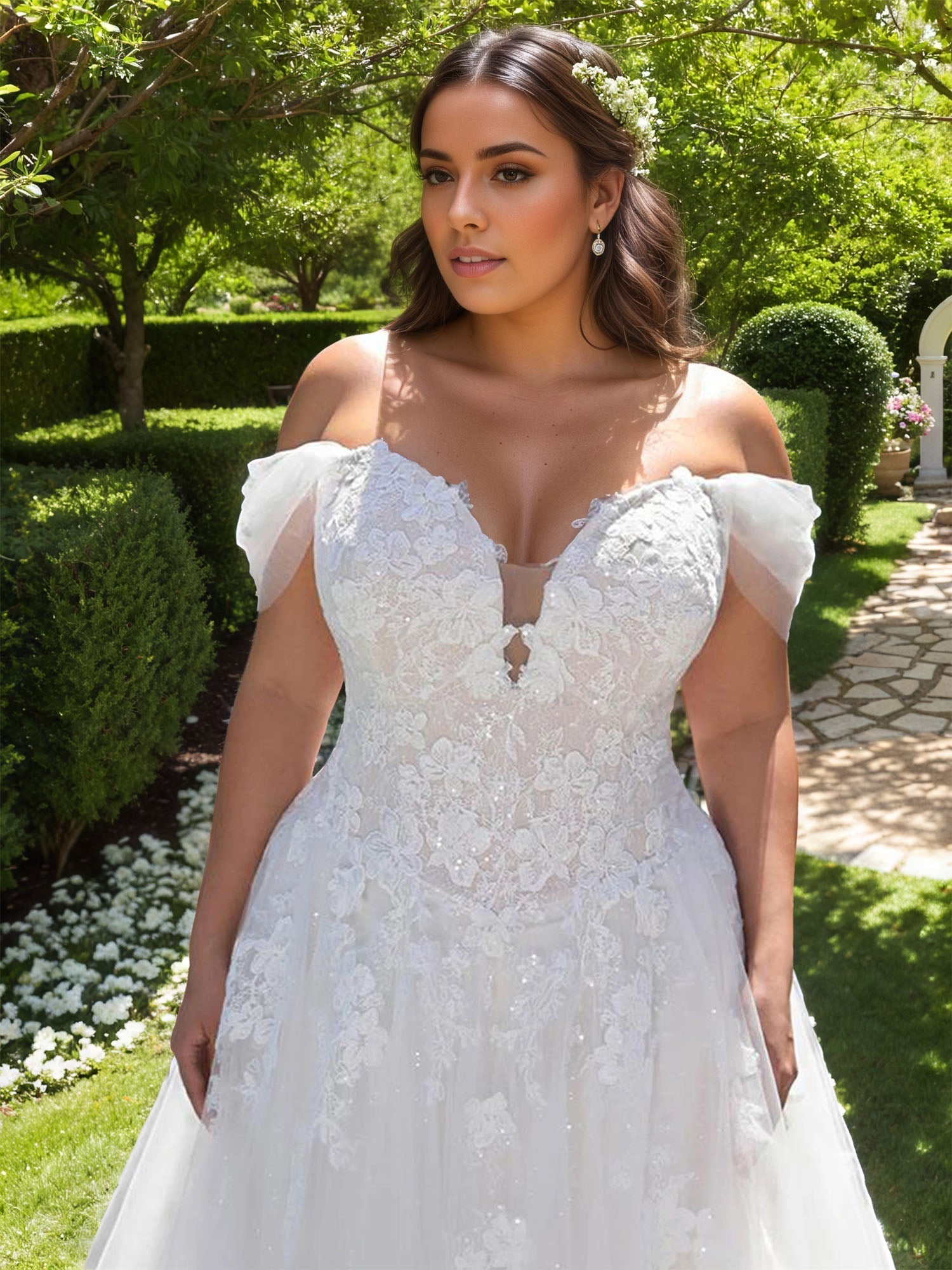 Off the Shoulder Wedding Gowns Plus Size Applique Tulle Wedding Dress