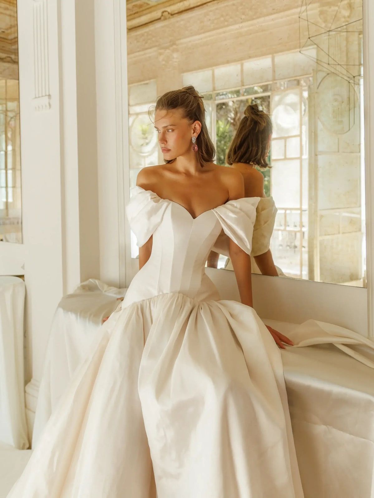 Romantic White Satin Off-the-Shoulder Puff Sleeve Ball Gown Wedding Dress ZP113