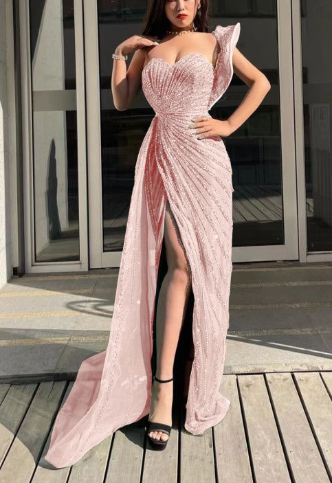 Emerald Green Sweetheart One-Shoulder Sequins Beading Evening Dress Mermaid Prom Dress With Split - View 3 | VelvetHem