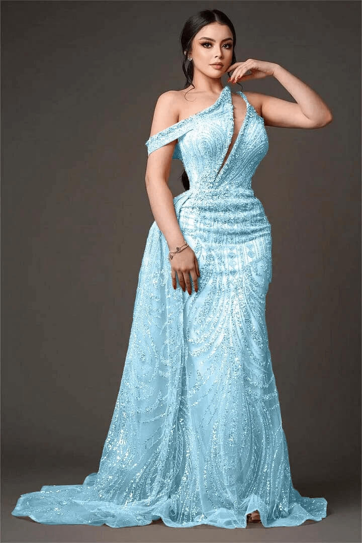 Champagne Gold Prom Dress One Shoulder Sleeveless Evening Formal Dress With Bead Embroidery