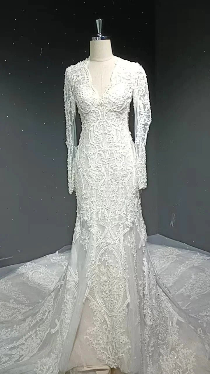 V-neck long sleeved luxurious nail bead trailing bridal veil (ZD16770)