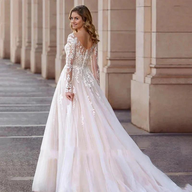 Sexy Lace Simple Elegant Mopping Wedding Dresses V-neck Long Sleeves Plain White Pretty Fascinating Bridal Gowns Backless 2023 (ZD14222)