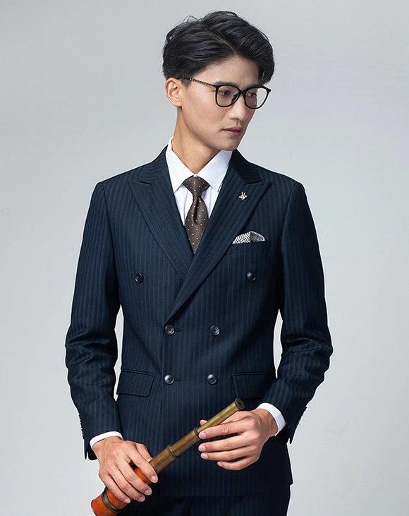 Double Breasted Navy Pinstripe Suit For Men Premium Wool Slim Fit Groom Wedding (ZD17081)