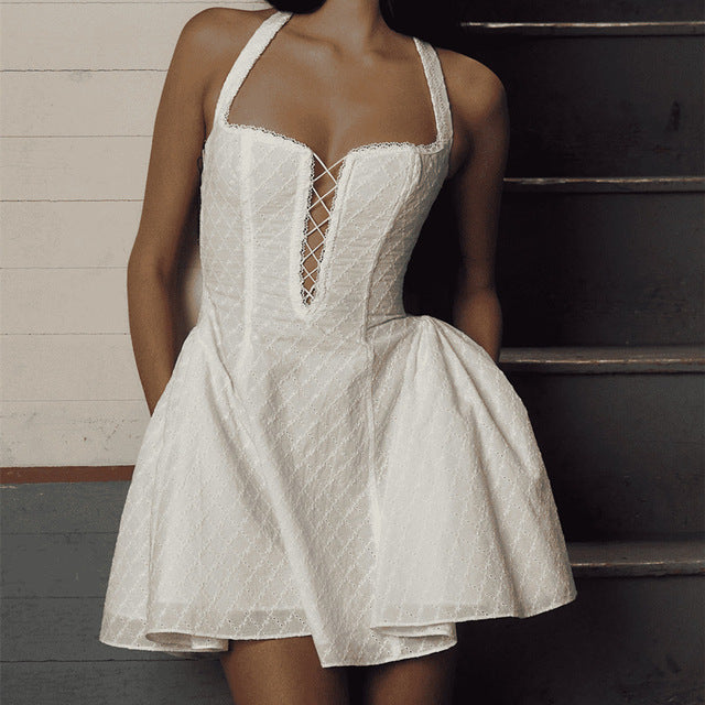 TARUXY White Halterneck Mini Dress For Women High Waist Hollow Lace Up Embroidery Sleeveless Folds Sexy Backless Evening Dress - VelvetHem