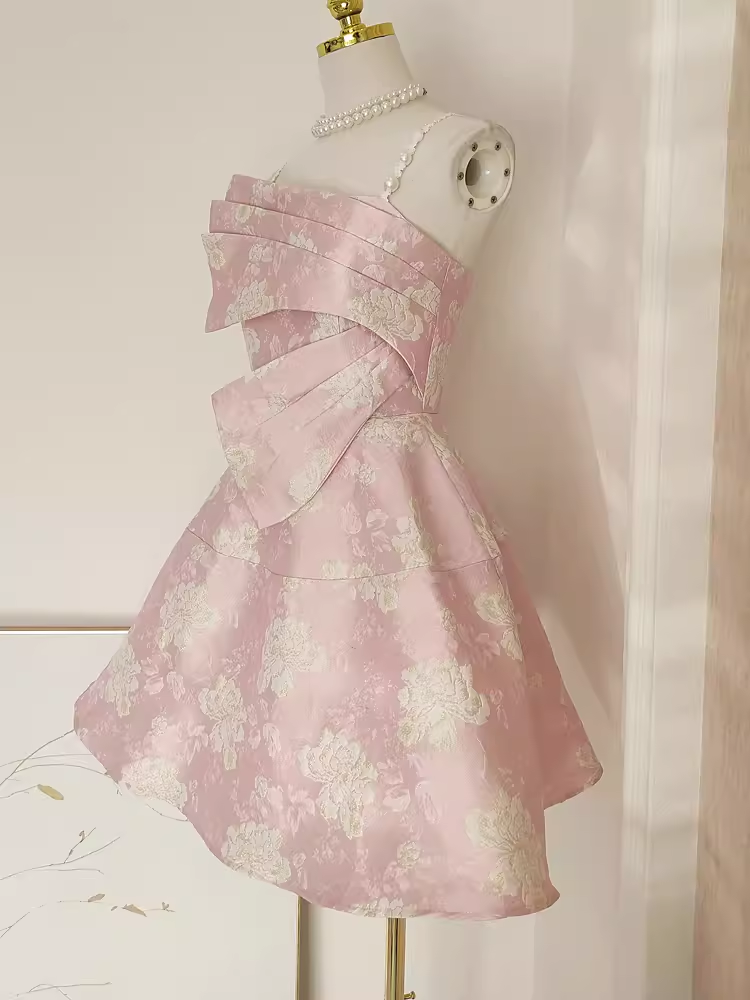 Cute A line Spaghetti Straps Pink Satin Holiday Dresses Short Birthday Dress - View 2 | VelvetHem