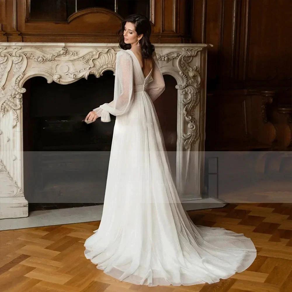 Elegant Glitter Tulle Deep V-Neck Wedding Dresses Princess Shiny Lantern Sleeves Backless A-Line Pleated Bridal Gowns (ZD13339)