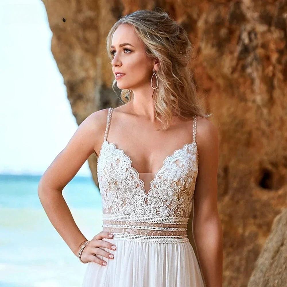 Simple Backless Chiffon V-Neck Bohemian Wedding Dress for Bride Lace Applique Sleeveless Beach Bridal Gown Robe De Mariée (ZD13463)