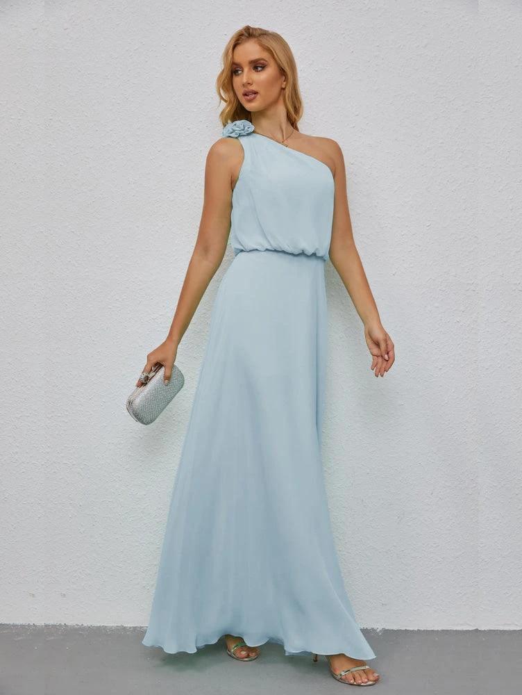 Ruffled One Shoulder Sleeveless Long Bridesmaid Dresses A-line Formal Evening Gown Side Split 28080 by numbersea