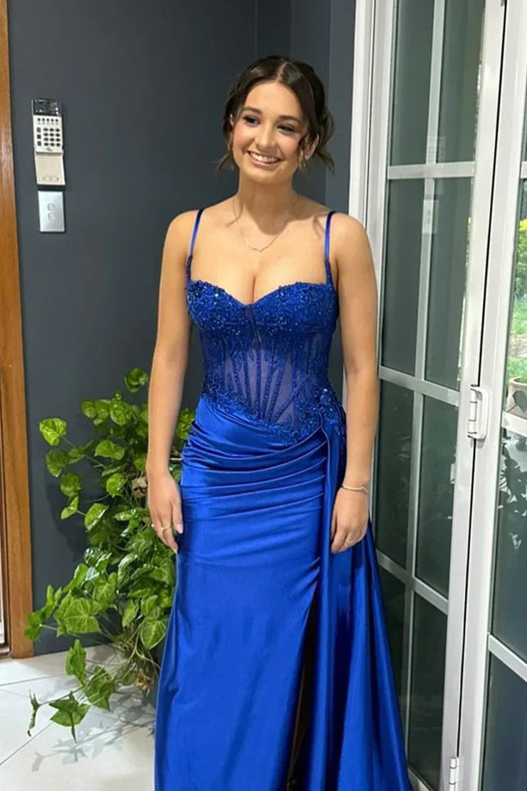 Stunning Mermaid Spaghetti Straps Long Glitter Prom Dress with High Slit