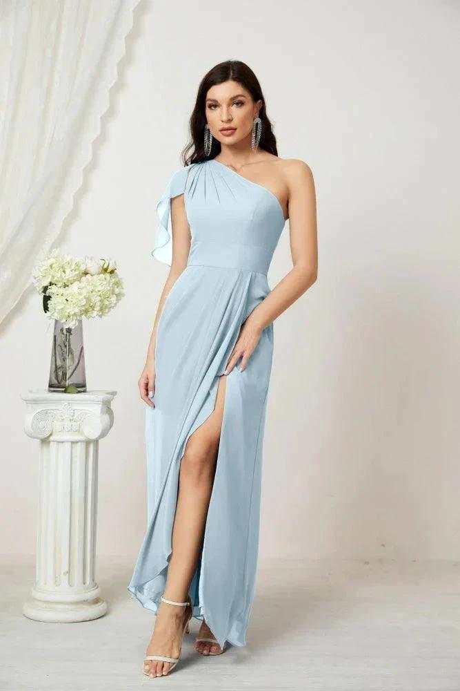 Numbersea Chiffon Ruffled One Shoulder Long Bridesmaid Dresses A-line Formal Evening Gown Side Split 2809 by numbersea