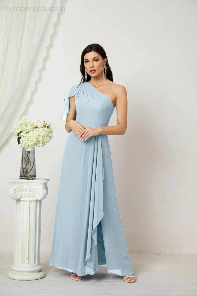 ZapDress  Chiffon Ruffled One Shoulder Long Bridesmaid Dresses A-line Formal Evening Gown Side Split 2809 (ZD17049)