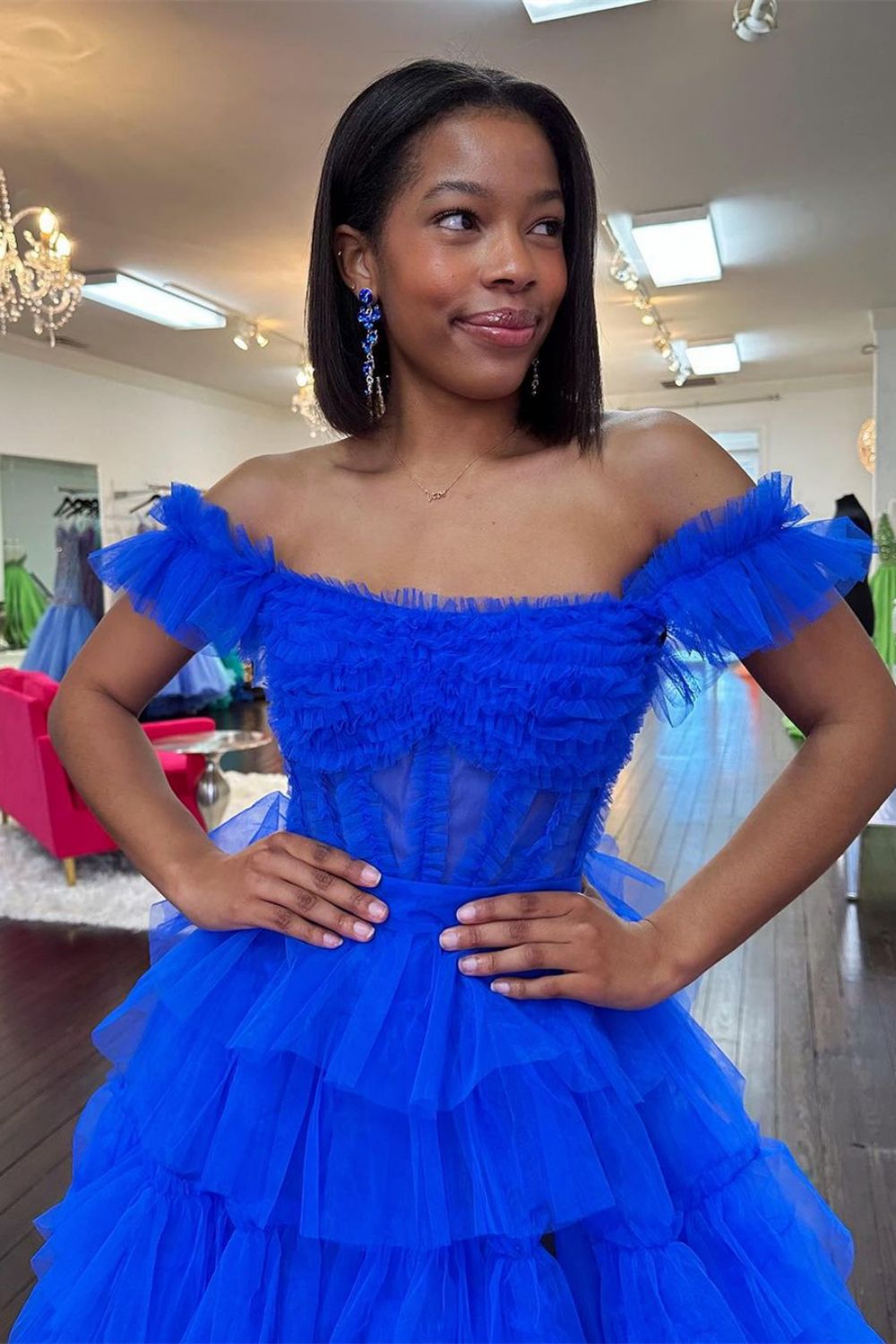Charming A Line Off the Shoulder Red Corset Prom Dress with Ruffles