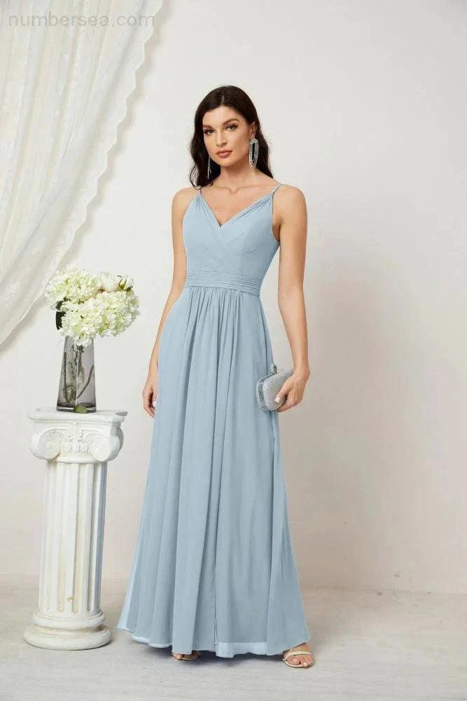 ZapDress Chiffon V-Neck Bridesmaid Dress Spaghetti Strap Long Formal Party Prom Gowns with Slit 28010 (ZD17028)
