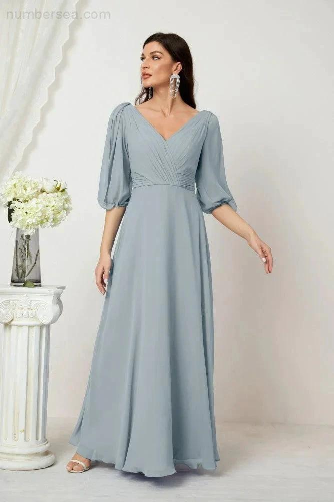 ZapDress  Formal Prom Gown Women V-Neck Chiffon Bridesmaid Dresses Long Bishop Sleeve Party Dress 2807 (ZD17027)