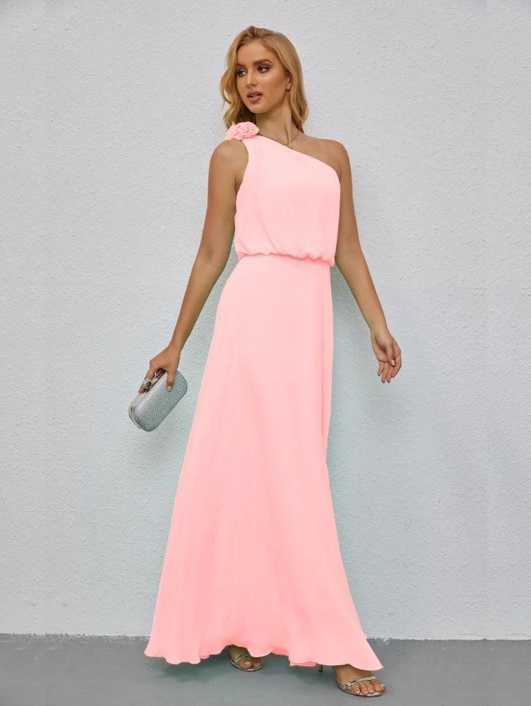 Ruffled One Shoulder Sleeveless Long Bridesmaid Dresses A-line Formal Evening Gown Side Split 28080 by numbersea
