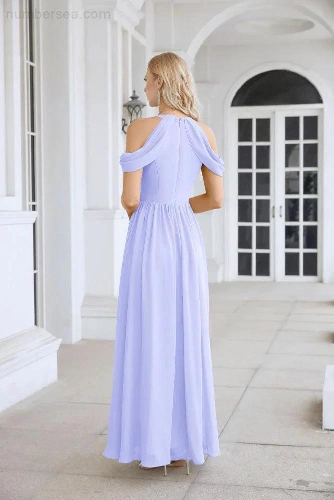 Ladies Chiffon Off Shoulder Swing Sleeve Front Slit Bridesmaid Evening Dress Wedding Party Evening Dress 28117 (ZD17011)