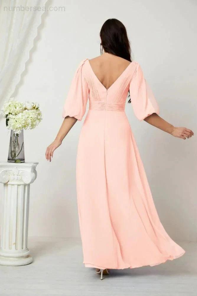 ZapDress  Formal Prom Gown Women V-Neck Chiffon Bridesmaid Dresses Long Bishop Sleeve Party Dress 2807 (ZD17027)