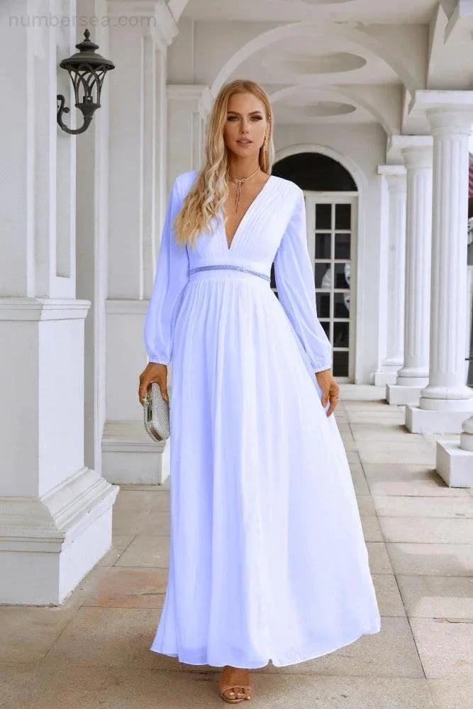 Ladies V Neck Chiffon Long Sleeve Front Slit Bridesmaid Evening Dress Wedding Party Shopping Evening Dress 28109 (ZD16991)